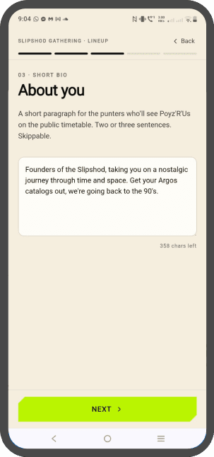 Step 03 — “About you”, the artist writing their own short bio.