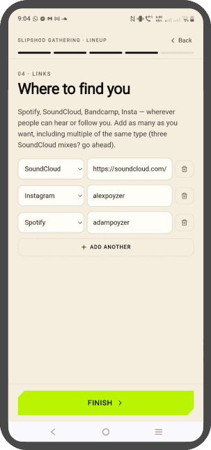 Step 04 — “Where to find you”, adding SoundCloud, Instagram and Spotify links.