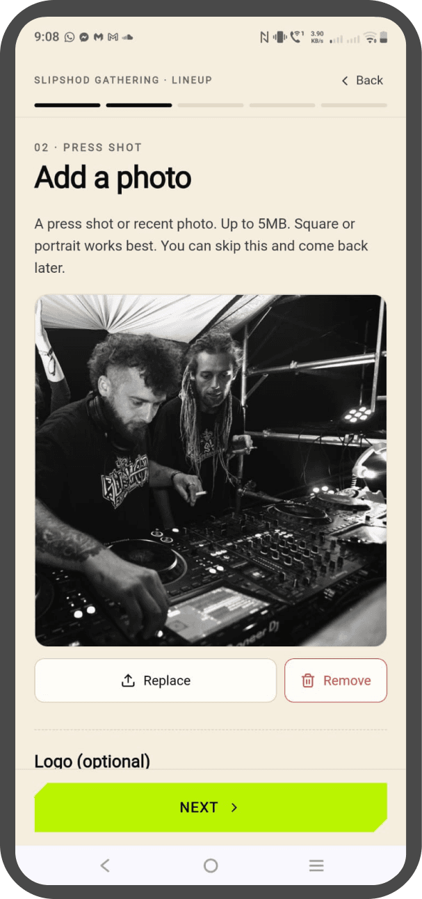 Step 02 — “Add a photo”, uploading a press shot.