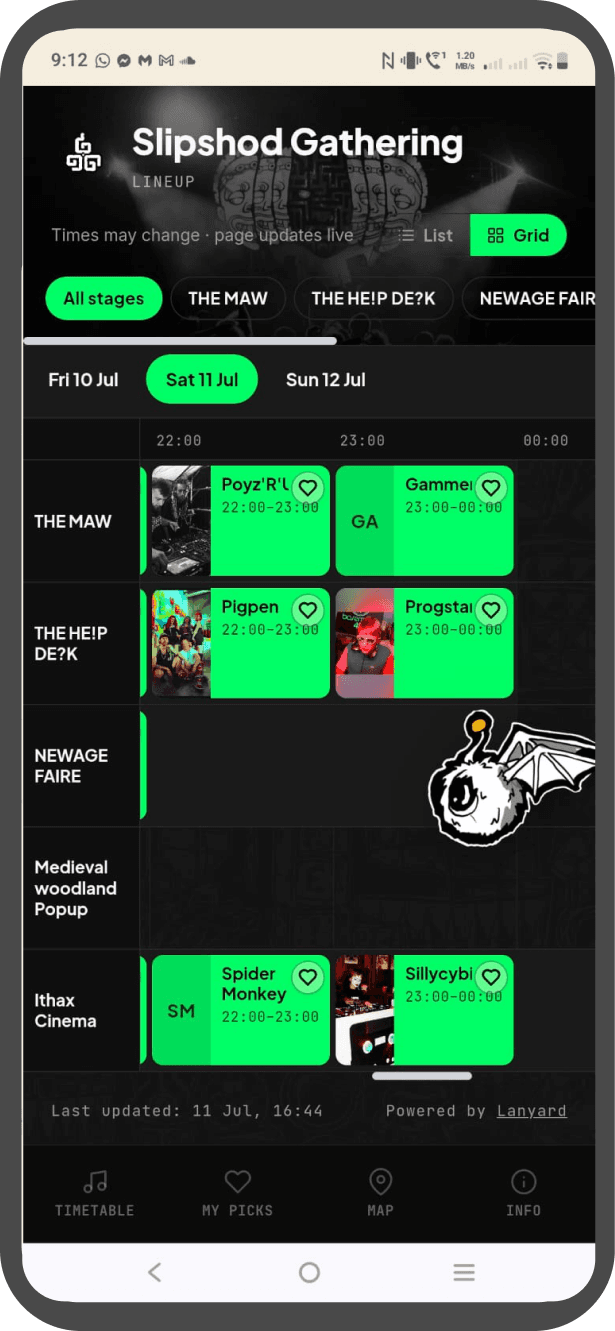 The punter app timetable for Slipshod Gathering, grid view across the stages.