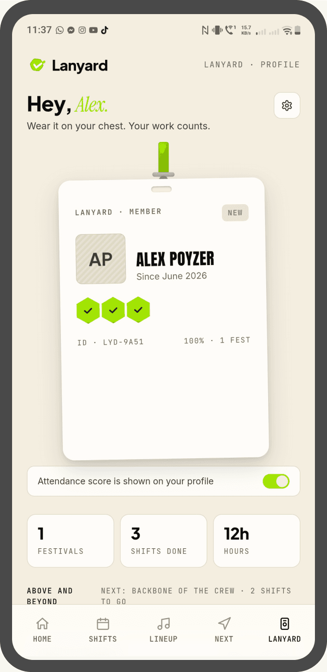 Profile — the Lanyard member card with hex cells for completed shifts.