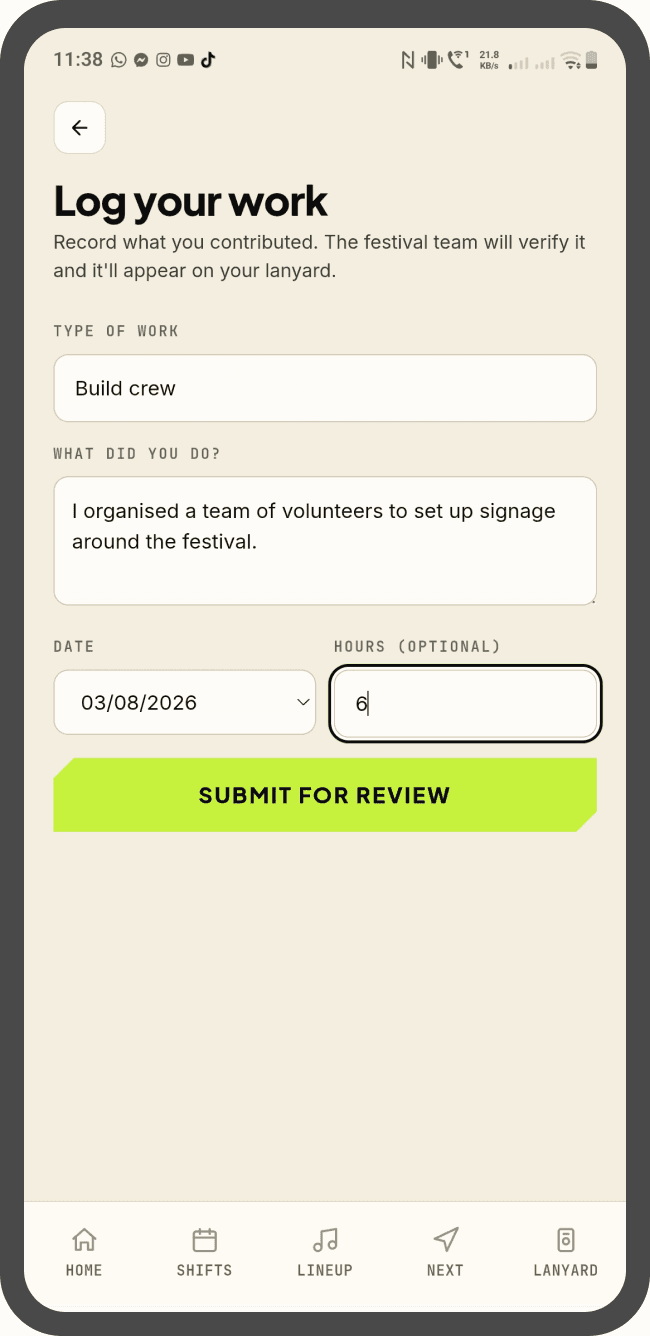 Log your work — recording extra hours for the festival team to verify.
