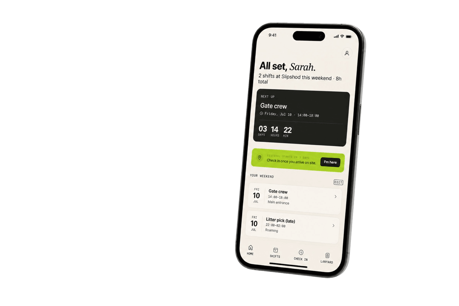 The Lanyard worker app on an iPhone, showing a crew member's weekend shifts and next-up gate crew call.
