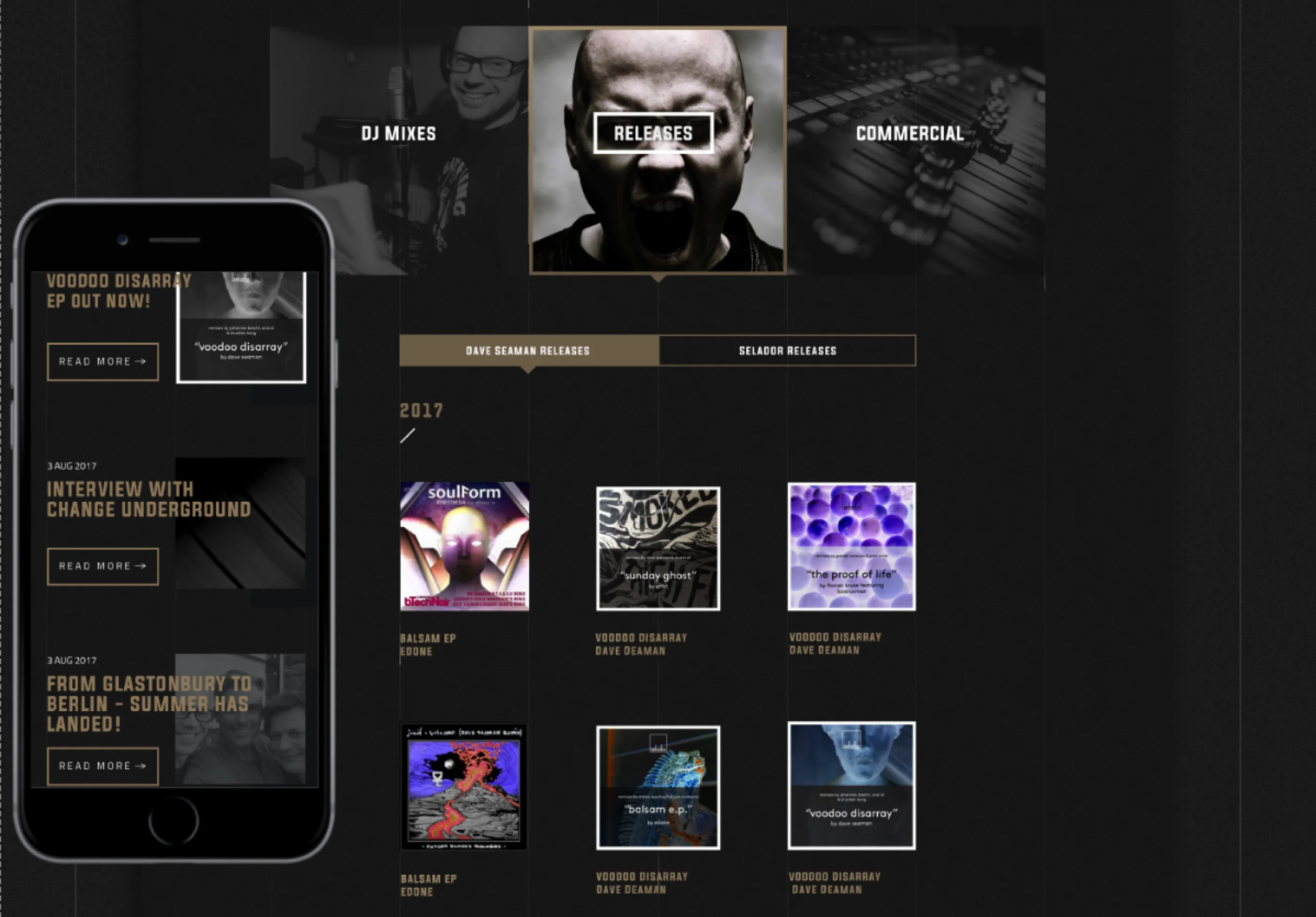 The full-page designs tiled together — home, music, radio, tour and news
