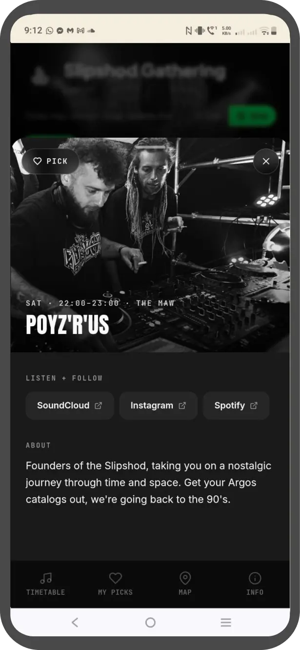 The Lanyard app showing POYZ'R'US — Alex's own Saturday slot at The Maw