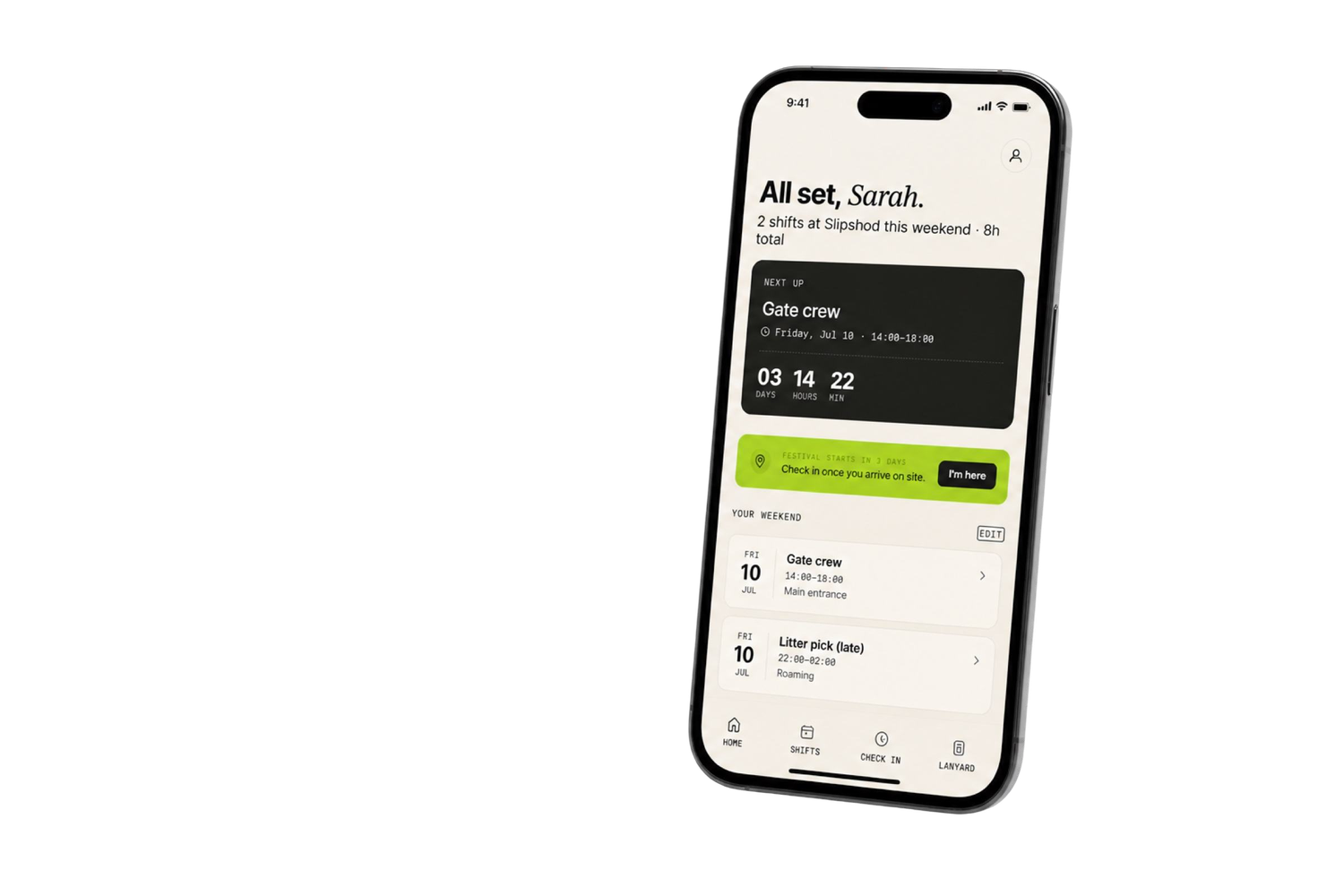 The Lanyard worker app on an iPhone, showing a crew member's weekend shifts and next-up gate crew call.