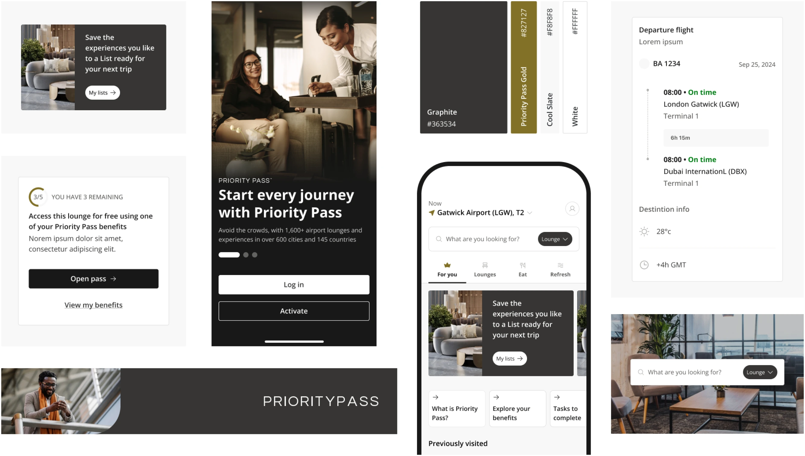The applied brand system: list and benefit cards, the welcome screen, the palette (Graphite #363534, Priority Pass Gold #827127, Cool Slate #F8F8F8, White #FFFFFF), the search home, a departure-flight card and the lounge photography treatment.