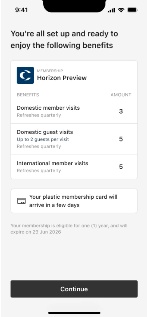 You’re all set up — the benefits summary listing member, guest and international visits, and the plastic card notice.