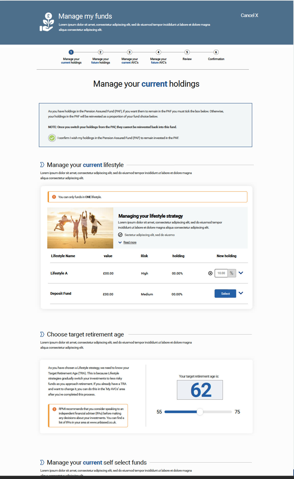 The manage-my-funds flow: current holdings, lifestyle strategy and target retirement age