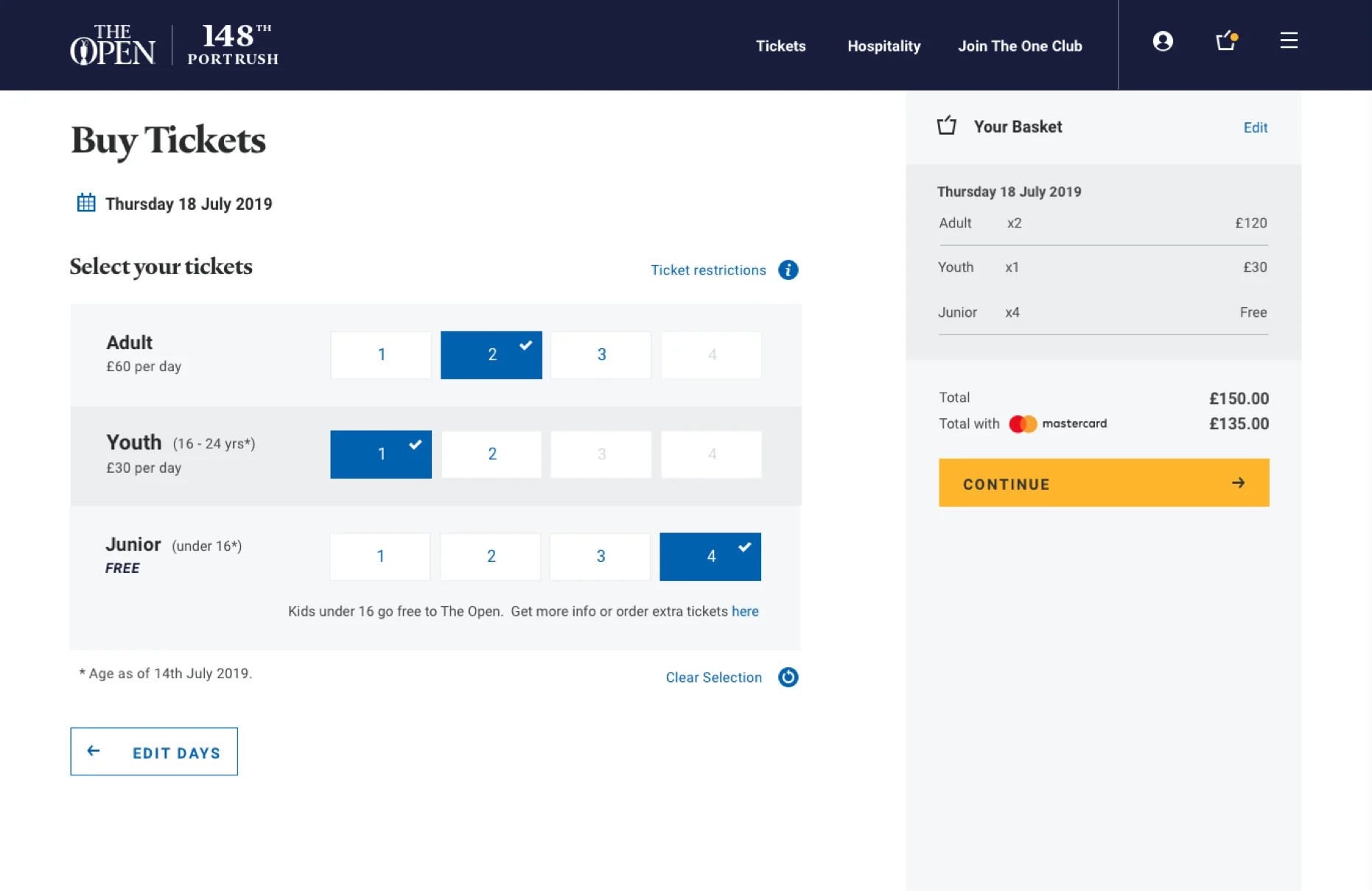 The built Buy Tickets screen: adult, youth and junior steppers against the running basket, totalled with the Mastercard route.