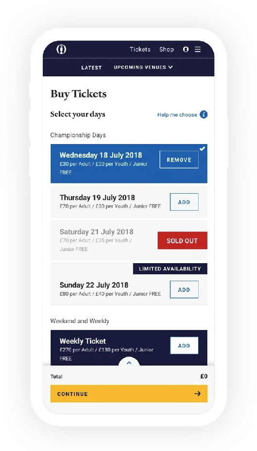 Mobile Buy Tickets: selecting championship days, with sold-out and limited-availability states.