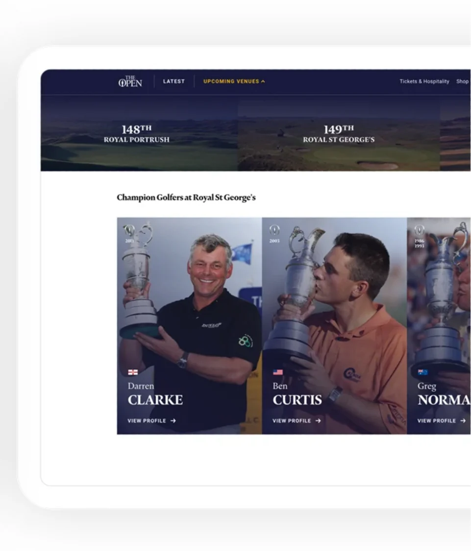 Champion Golfers at Royal St George's — profile cards for Darren Clarke, Ben Curtis and Greg Norman.
