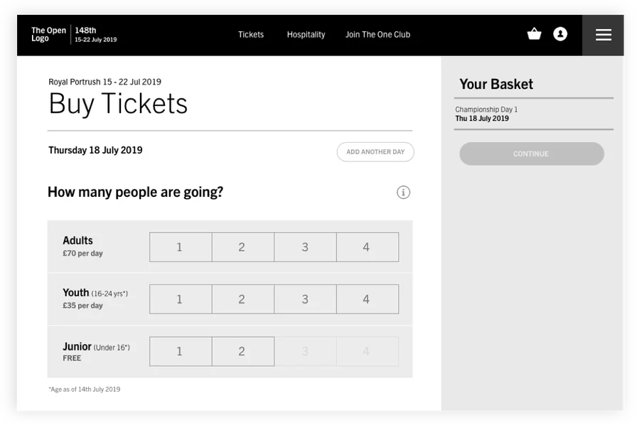 Wireframe: Buy Tickets, choosing how many adults, youth and junior tickets are going.