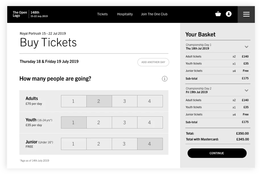 Wireframe: the ticket basket at checkout, with the Mastercard express route.