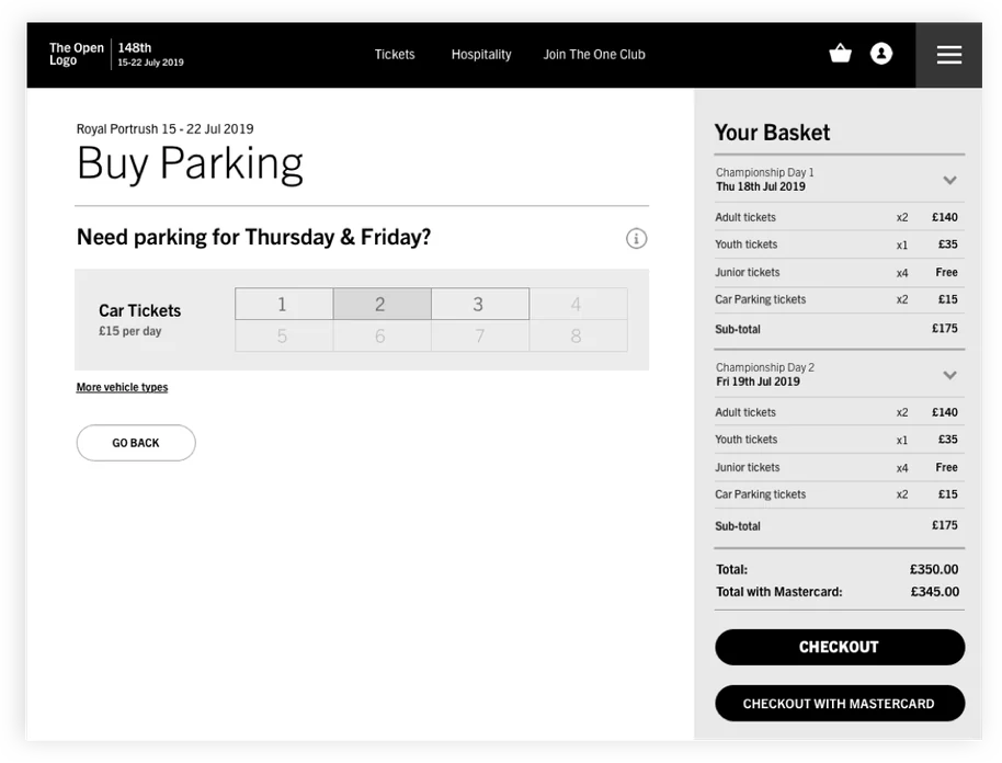 Wireframe: Buy Tickets confirmed, the completed basket before payment.